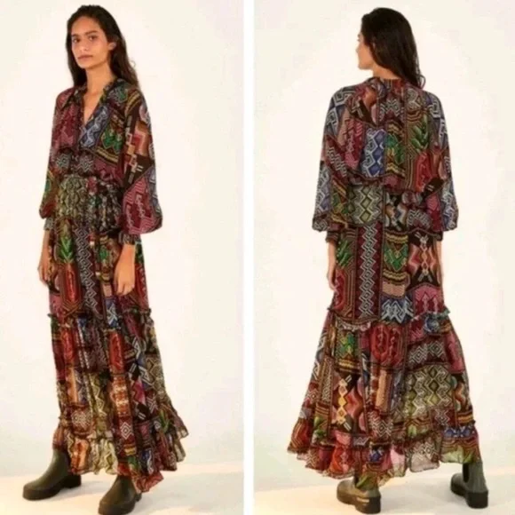 FARM Rio Rauti Maxi Dress XS Multi Abstract Tiered Long Sleeve, No Belt - Picture 2 of 13